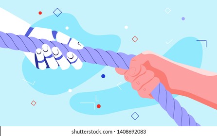 Robot hand and human hand pulling the rope. Machines replacing men on workplace. Robot helping human to do work easier. Robotic technology and artificial intelligence change the world and work force.