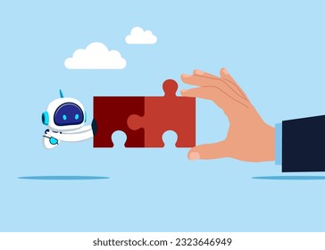 Robot and hand human pushing two jigsaw puzzle elements. Symbol teamwork of working together, cooperation, partnership. Flat vector illustration
