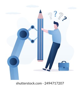 Robot hand and a human share pencil. Fight for stationery item. Freelance copywriter competes with robot or chat bot. Writer may lose his job because of development of AI neural networks. flat vector