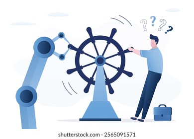 Robot hand and human share rudder helm. Fight for leadership. Businessman or male employee competes with robot or chat bot. Worker may lose his job because of development of AI neural networks. vector