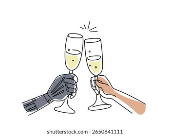 Robot hand and human hand toasting with champagne glasses. Partnership celebration with artificial intelligence. Disabled person 
