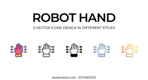Diseño de iconos de mano robot en estilo Cinco con pulsación editable. Línea, Sólido, Línea plana, Color de tono Duo y Línea de degradado de color. Adecuado para diseño de páginas Web, aplicaciones móviles, UI, UX y GUI.