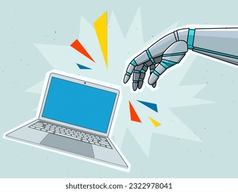 Robot hand and a laptop in a modern collage style. Vector illustration