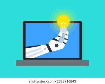 robot hand with lightbulb laptop creative idea start up ai technology vector illustration