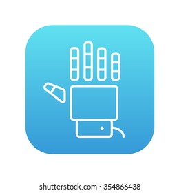 Robot hand line icon for web, mobile and infographics. Vector white icon on the blue gradient square with rounded corners isolated on white background.