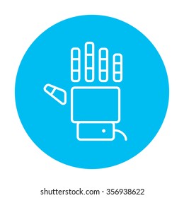 Robot hand line icon for web, mobile and infographics. Vector white icon on the light blue circle isolated on white background.