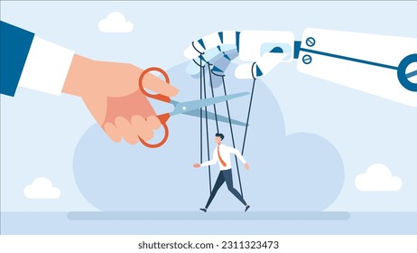 Robot hand manipulating man. Robot puppet master. Dependence on technology. A psychologist helps to escape from the influence of AI. Artificial Intelligence controls human. Flat vector illustration