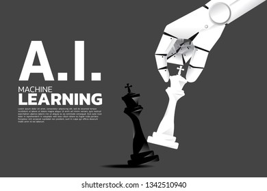 Robot hand move chess piece to checkmate king. Business concept for machine learning , a.i artificial intelligence and disruption.