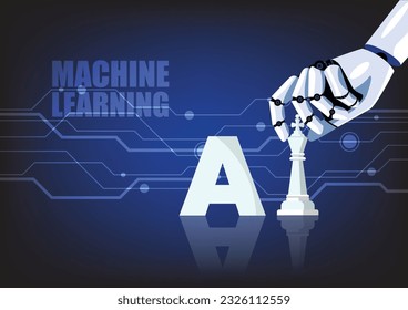 Obra de ajedrez movida a mano robótica. Concepto de aprendizaje automático. Inteligencia Artificial. Ilustración del vector