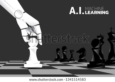 Robot hand move chess piece to checkmate king. Business concept for machine learning , a.i artificial intelligence and disruption.