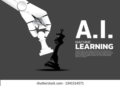 Robot hand move pawn chess to checkmate king. Business concept for machine learning and a.i artificial intelligence