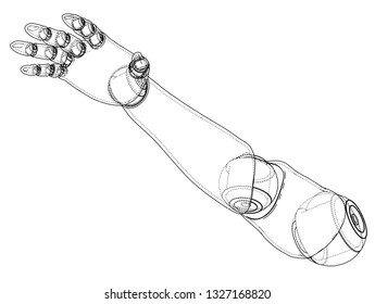 Robot hand outline. Vector rendering of 3d. Wire-frame style. The layers of visible and invisible lines are separated