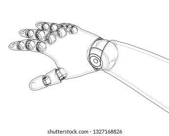 Robot hand outline. Vector rendering of 3d. Wire-frame style. The layers of visible and invisible lines are separated