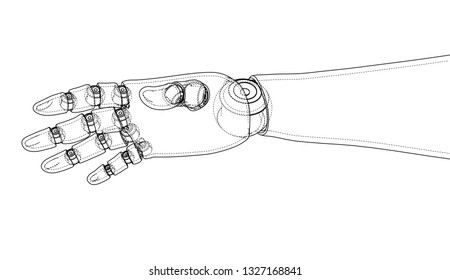 Robot hand outline. Vector rendering of 3d. Wire-frame style. The layers of visible and invisible lines are separated