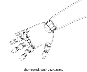 Robot hand outline. Vector rendering of 3d. Wire-frame style. The layers of visible and invisible lines are separated