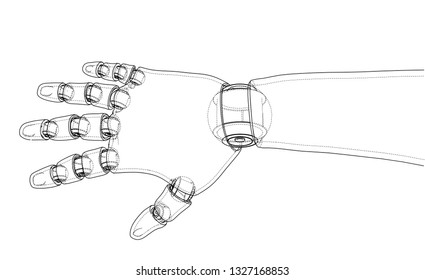 Robot hand outline. Vector rendering of 3d. Wire-frame style. The layers of visible and invisible lines are separated