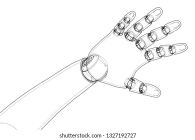 Robot hand outline. Vector rendering of 3d. Wire-frame style. The layers of visible and invisible lines are separated