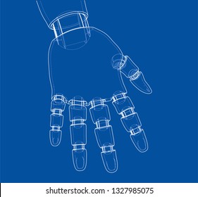 Robot hand outline. Vector rendering of 3d. Wire-frame style. The layers of visible and invisible lines are separated