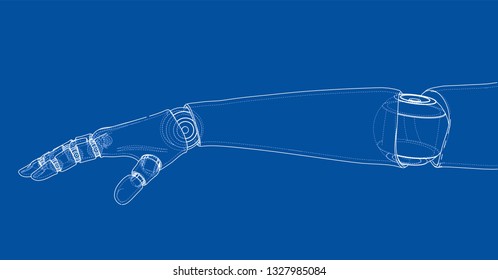 Robot hand outline. Vector rendering of 3d. Wire-frame style. The layers of visible and invisible lines are separated
