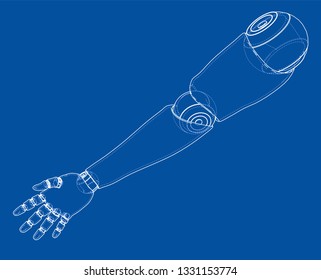 Robot hand outline. Vector rendering of 3d. Wire-frame style. The layers of visible and invisible lines are separated