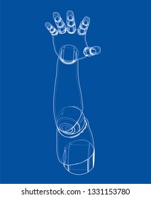 Robot hand outline. Vector rendering of 3d. Wire-frame style. The layers of visible and invisible lines are separated
