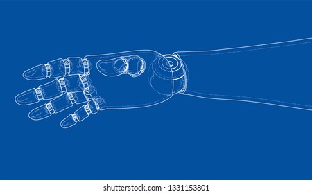 Robot hand outline. Vector rendering of 3d. Wire-frame style. The layers of visible and invisible lines are separated