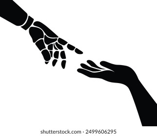 Robot hand and people hand, cyborg robotic hand pointing his finger to human hand with stretched finger