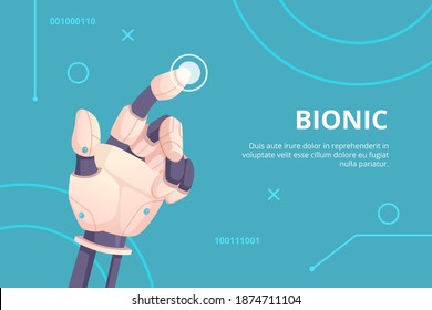 Robot hand pointing. Bionic gestures digital hand touching on screen holographic button futuristic concept vector illustration