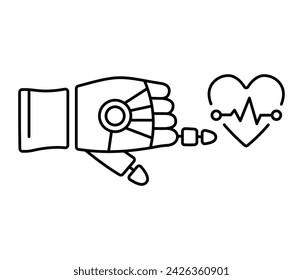 Zeige mit Zeigefinger auf die Roboterhand oder berühre das Herz mit Kardiogramm. Symbol für isolierte Vektorlinien. Symbol für moderne Medizintechnik.