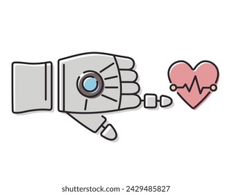 Robot hand pointing with index finger or touching heart with cardiogram. Vector isolated line icon. Symbol of modern medical technologies.
