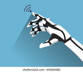 Robot hand pointing at the WiFi symbol on blue background. Vector illustration