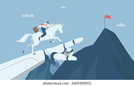 The robot hand points to the target flag for the unicorn to run to the goal, Concept of ​​using artificial intelligence to support businesses, New innovation concept, Vector illustration.
