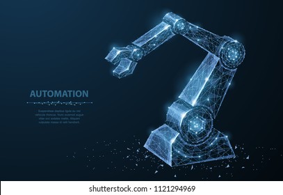 Robot hand. Polygonal wireframe mesh looks like constellation on dark blue with dots and stars. Automation, conveyor, manufacture or other concept illustration or background