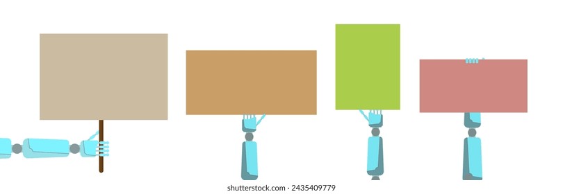 Mano de robot con un cartel para acciones o concentraciones. Conjunto de manos de robot con carteles. Cartel para publicidad. Cartel de vector. Piquete. El robot sostiene un afiche.