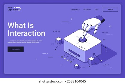 Roboter Hand drückt Bedienfeld Taste auf violettem Hintergrund. Isometrische Landing Page-Vorlage für Wechselwirkungen mit KI. Automatisierung des industriellen Prozesses 3D-Vektorgrafik für Web-Seite