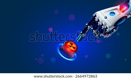 The robot hand presses the red nuclear button. A cyborg or robot presses the button to launch nuclear missiles with his index finger. AI is rebelling against humanity