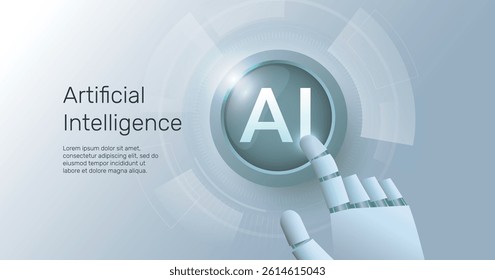 Robot hand pressing AI button, technology, machine learning, neural network. Technology background concept.