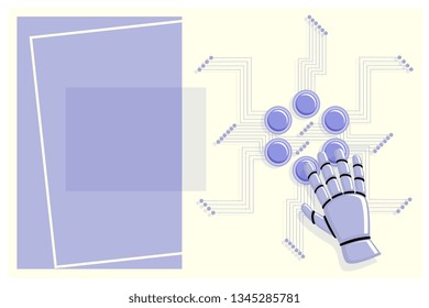 Robot hand pressing the button for remote control technology, assistance, data transmit, smart house management. Flat style vector illustration