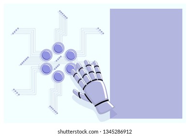 Robot hand pressing the button for remote control technology, data transmit, smart house management. Flat style vector illustration. Space for text to the right