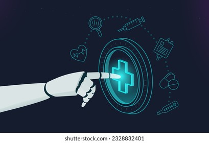 Robot hand pressing hologram button with hospital icon and equipment for treating patients. Concept illustration about the use of artificial intelligence technology to help treat patients.