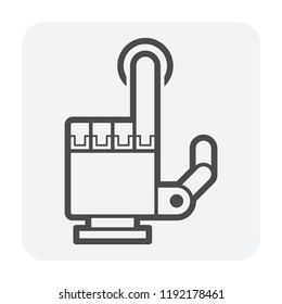 Robot hand pressing push button vector icon. Mechanical hand and electronics. Control by software. Concept for robotic, artificial intelligence (AI), future, futuristic, tech or technology, science.