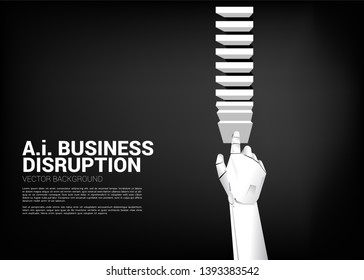 Robot hand pushing the block to create domino effect. business concept of disruption of A.I. to make the domino effect.