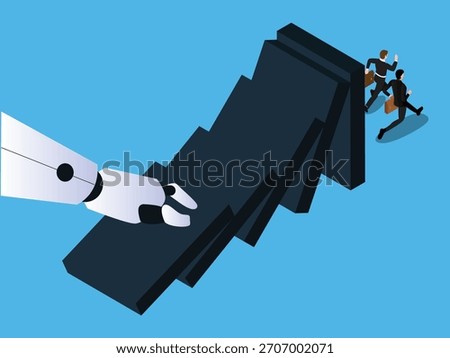 Robot Hand Pushing Dominoes, Forcing Businessmen to Run from Automation 3d isometric vector illustration