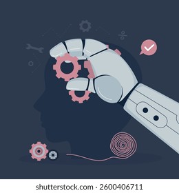 Robot hand put gear into human head. Chat bot in psychotherapy with digital mental support. Psychology specialist as AI technology for automated depression, anxiety and stress assistance or help.