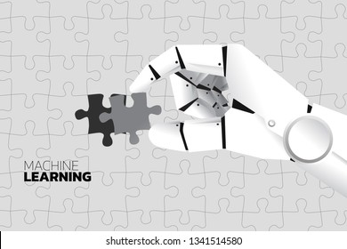 Robot hand put the last jigsaw to complete. Business concept for machine learning and a.i artificial intelligence
