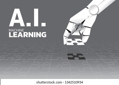 Robot hand put the last jigsaw to complete. Business concept for machine learning and a.i artificial intelligence