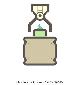 Robot hand put product into bag packaging in food processing production vector icon design on white background.