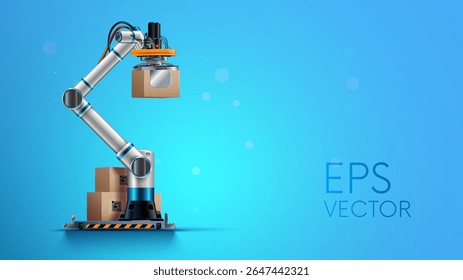Robot hand or robotic arm sorts the cardboard boxes with products on factory warehouse. Logistics, automation industry concept. Box packages on pallet on storage.  Robot palletizer realistic vector.