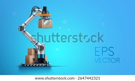 Robot hand or robotic arm sorts the cardboard boxes with products on factory warehouse. Logistics, automation industry concept. Box packages on pallet on storage.  Robot palletizer realistic vector.
