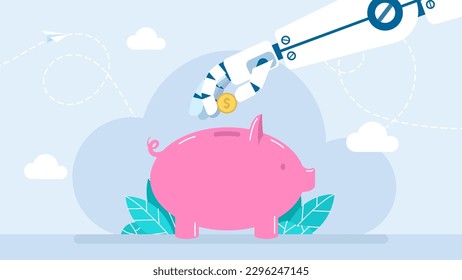 Robot Hand saving coin in the piggy bank. Robot arm putting golden coin money into savings piggy bank. Artificial Intelligence. Automatic investment or savings. Ai saving money. Vector illustration